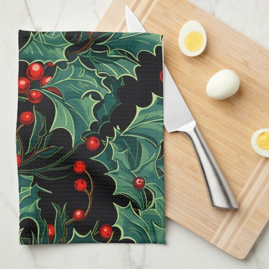 クリスマスホリーの枝とベリー キッチンタオル (四つ折り)