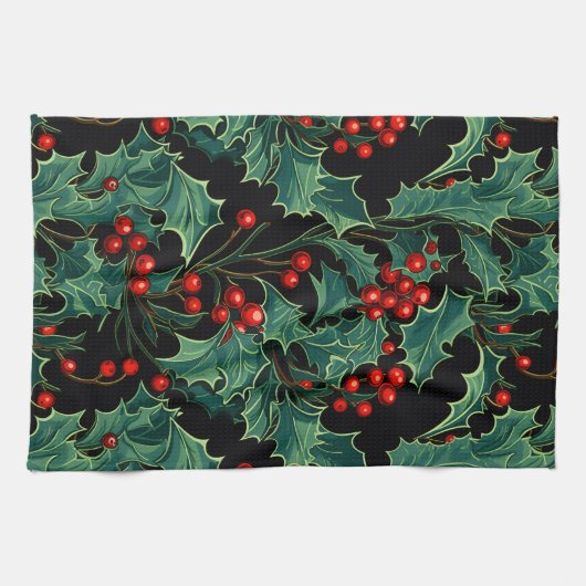 クリスマスホリーの枝とベリー キッチンタオル (横)