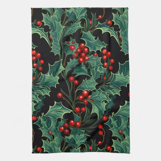 クリスマスホリーの枝とベリー キッチンタオル (縦)