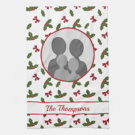 クリスマスホリーアンドボウズカスタム写真テンプレート キッチンタオル