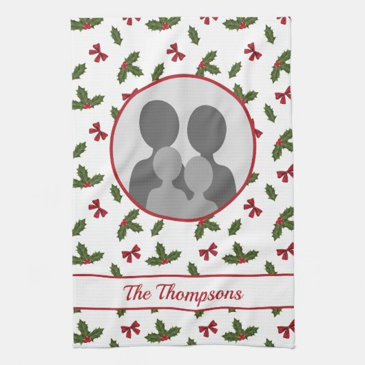 クリスマスホリーアンドボウズカスタム写真テンプレート キッチンタオル (縦)