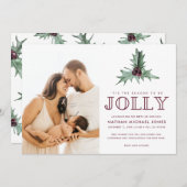 クリスマスホリーウォーターカラーベビーフォト誕生 シーズンカード (正面/裏面)