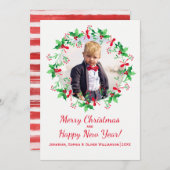 クリスマスホリーウォーターカラーリースホリデーフォト シーズンカード (正面/裏面)