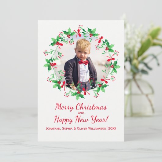 クリスマスホリーウォーターカラーリースホリデーフォト シーズンカード (スタンド正面)