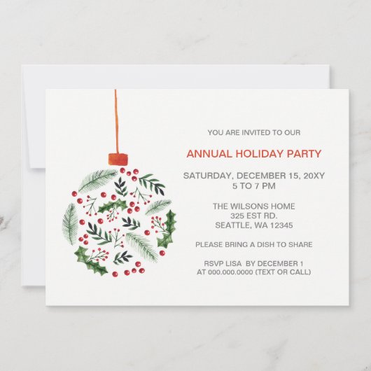 クリスマスホリーオーナメントホリデーパーティー 招待状 (正面)