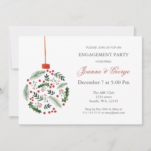クリスマスホリーオーナメント冬婚約パーティ 招待状 (正面)