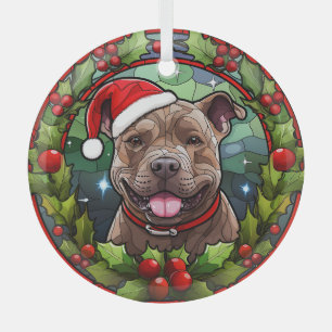 クリスマスホリーサンタ(犬)スタッフォードテリアドッグ ガラスオーナメント