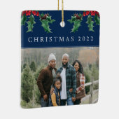 クリスマスホリーシンプルベカスタムリーフォトブルー セラミックオーナメント (右)