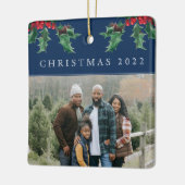 クリスマスホリーシンプルベカスタムリーフォトブルー セラミックオーナメント (左)