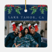 クリスマスホリーシンプルベカスタムリーフォトブルー セラミックオーナメント (裏面)