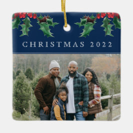 クリスマスホリーシンプルベカスタムリーフォトブルー セラミックオーナメント