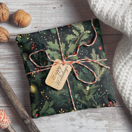 クリスマスホリーダークウィンターホリデーリーフ ラッピングペーパー