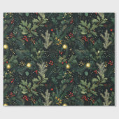 クリスマスホリーダークウィンターホリデーリーフ ラッピングペーパー (フラット)