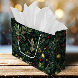 クリスマスホリーダークウィンターホリデーリーフ ラージペーパーバッグ