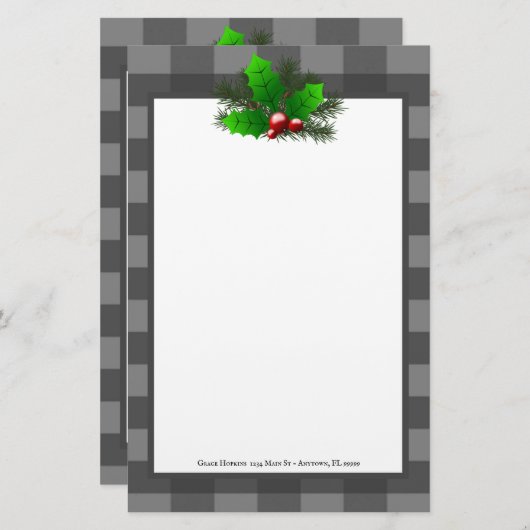 クリスマスホリーバッファロープレイドパーソナライズされた紙 便箋 (正面/裏面)