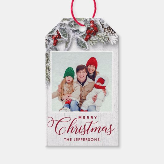 クリスマスホリーパインブランチ素朴PHOTOホリデー ギフトタグ (正面)