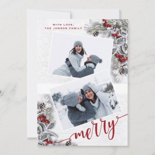 クリスマスホリーパイン素朴フォトホリデーカード シーズンカード (正面)