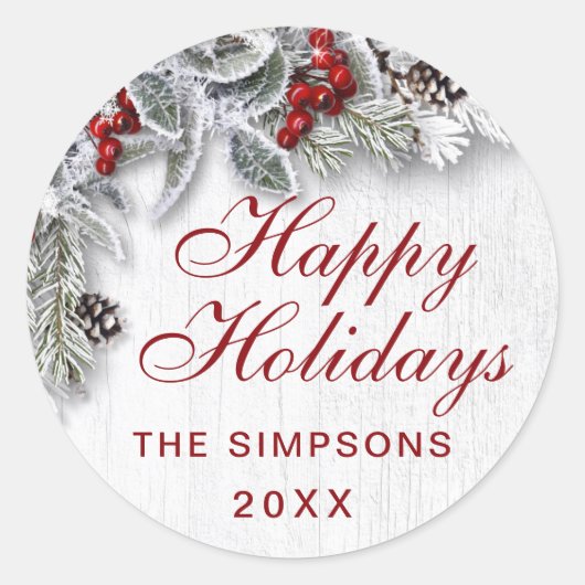 クリスマスホリーパイン素朴ホリデーエンベロープシール ラウンドシール (正面)