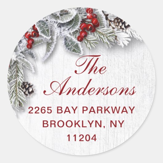クリスマスホリーパイン素朴差出人住所ラベル ラウンドシール (正面)