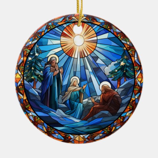 クリスマスホリーファミリーステンドグラススタイル セラミックオーナメント (正面)