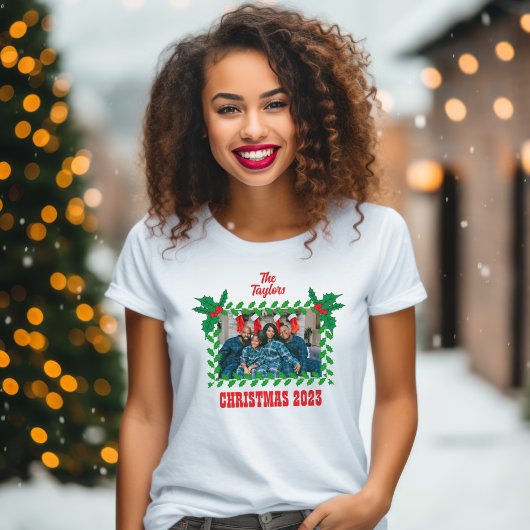 クリスマスホリーファミリー写真テンプレート Tシャツ