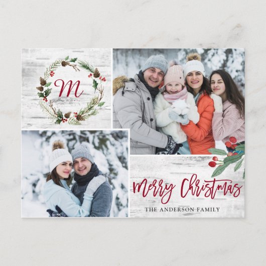 クリスマスホリーフォト樺の木バークホリデーグリーティング ポストカード (正面)