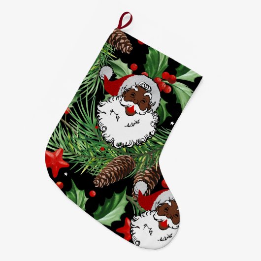 クリスマスホリーブラックサンタクロース ラージクリスマスストッキング (正面 (吊り時))