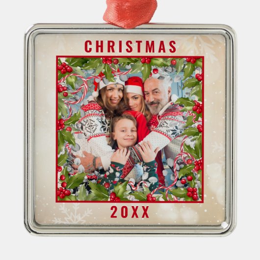 クリスマスホリーブランチフォトペーターオーナメント メタルオーナメント (正面)