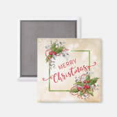 クリスマスホリーブランチ正方形マグネット マグネット (正面/裏面)