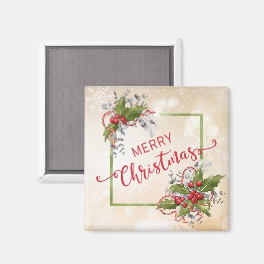 クリスマスホリーブランチ正方形マグネット マグネット (正面/裏面)