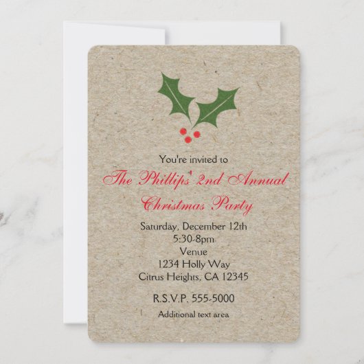 クリスマスホリーベリークラフトホリデー招待状 招待状 (正面)