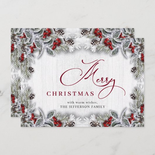 クリスマスホリーベリーパインウッド素朴グリーティング シーズンカード (正面/裏面)