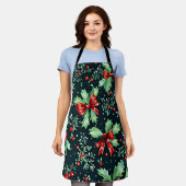 クリスマスホリーベリーパターン エプロン (着用した状態)
