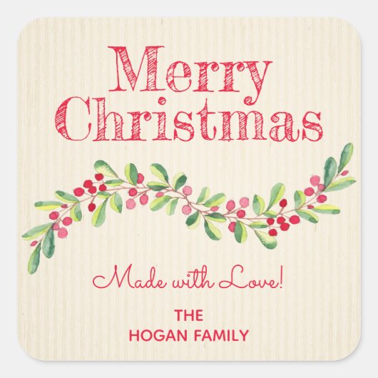 クリスマスホリーベリーホームメイドフードベーキングスモール スクエアシール (正面)