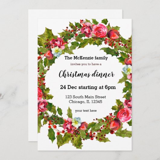 クリスマスホリーベリーリース 招待状 (正面/裏面)