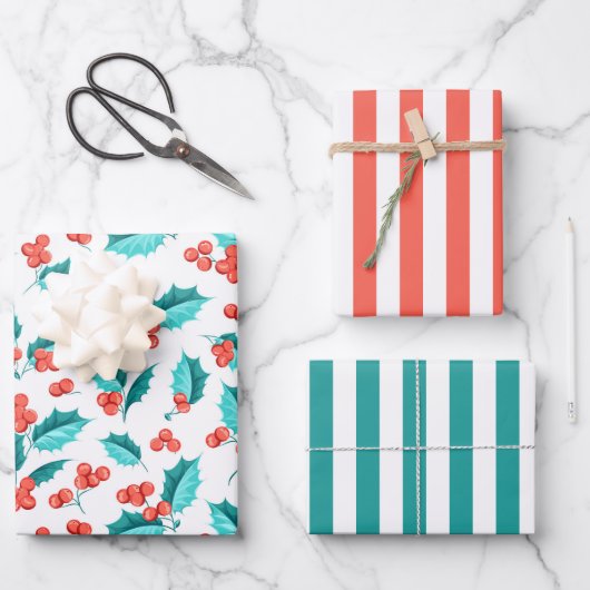 クリスマスホリーベリー包装紙セット3 ラッピングペーパーシート (正面)