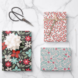 クリスマスホリーベリー花束：グリーンレッド ラッピングペーパーシート