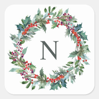 クリスマスホリーモノグラムイニシャルシール スクエアシール