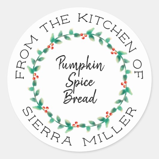 クリスマスホリーリースキッチントリートギフトラベル ラウンドシール (正面)