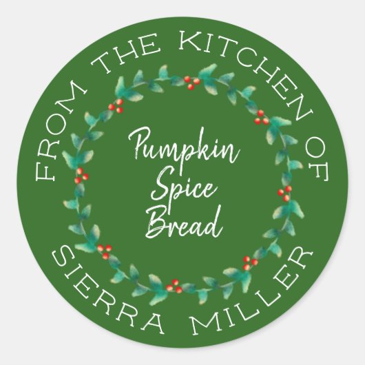 クリスマスホリーリースキッチントリートグリーンラベル ラウンドシール (正面)