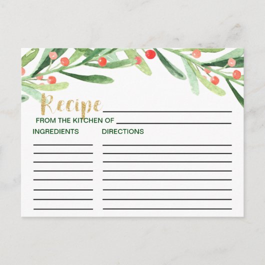 クリスマスホリーリースブライダルシャワーレシピカード ポストカード (正面)