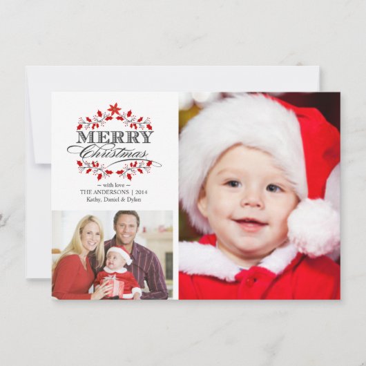 クリスマスホリーリースホリデーフォトコラージュ シーズンカード (正面)