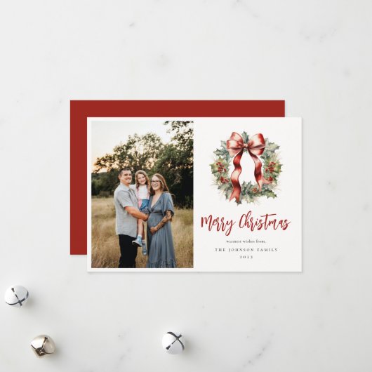 クリスマスホリーリース写真 シーズンカード (正面/裏面インサイチュ)