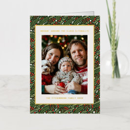 クリスマスホリーリーフフォイルホリデーフォトカード 箔シーズンカード