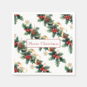 クリスマスホリーレッドベリーパインコーン金ゴールド スタンダードカクテルナプキン (正面)
