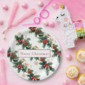 クリスマスホリーレッドベリーパインコーン金ゴールド ペーパープレート (パーティー)