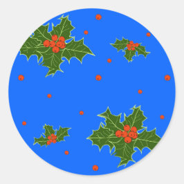 クリスマスホリーレッドベリーパターンフェスティバルブルー ラウンドシール
