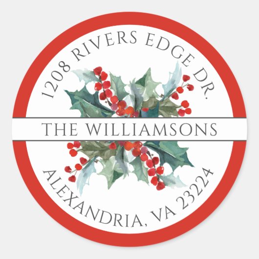 クリスマスホリーレッド差出人住所クラシック ラウンドシール (正面)
