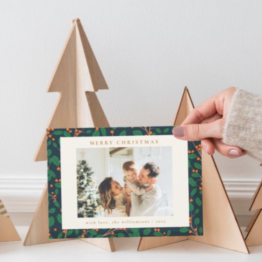 クリスマスホリー植物緑2枚フォトネイビー シーズンカード