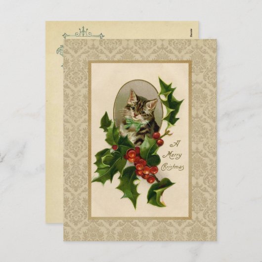 クリスマスホリー猫ヴィンテージ再生用はがき シーズンポストカード (正面/裏面)